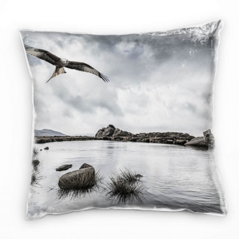 Tiere, See, Greifvogel, Wolken, grau, braun Deko Kissen 40x40cm für Couch Sofa Lounge Zierkissen