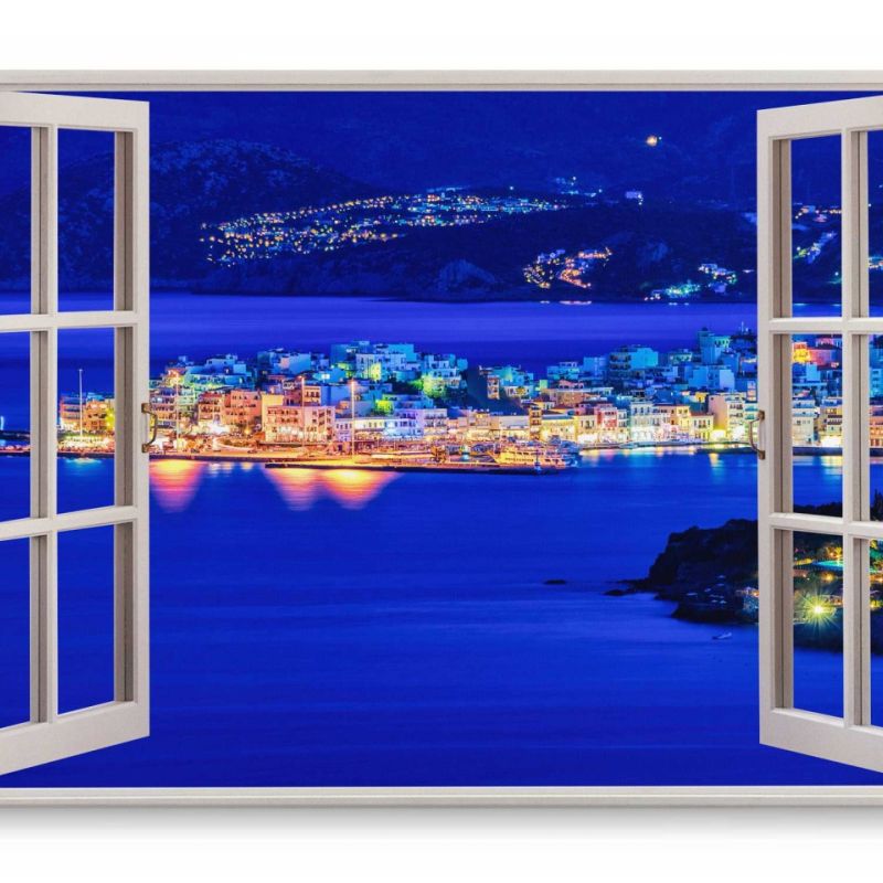 Wandbild 120x80cm Fensterbild Küstenstadt bei Nacht Blau Dunkelblau Stadtlichter