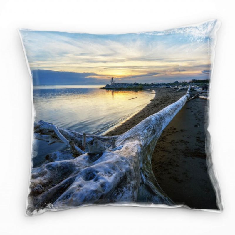 Strand und Meer, Treibholz, Sonnenuntergang, blau Deko Kissen 40x40cm für Couch Sofa Lounge Zierkiss