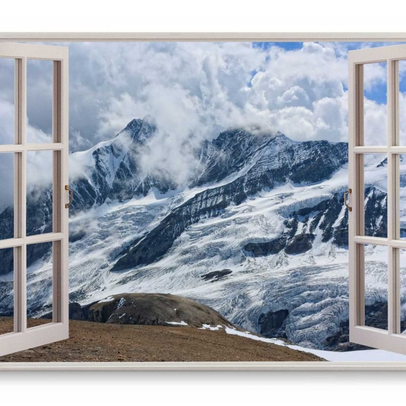 Wandbild 120x80cm Fensterbild Alpen Berge Schneegipfel Wolken Natur