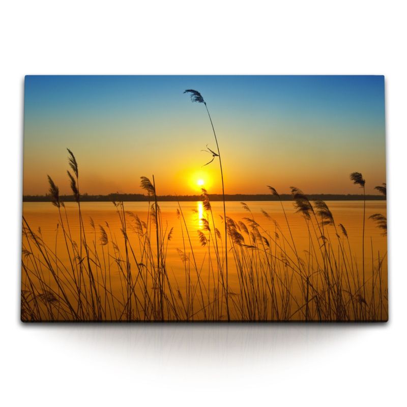 120x80cm Wandbild auf Leinwand Sonnenuntergang See Abendröte Natur Halme