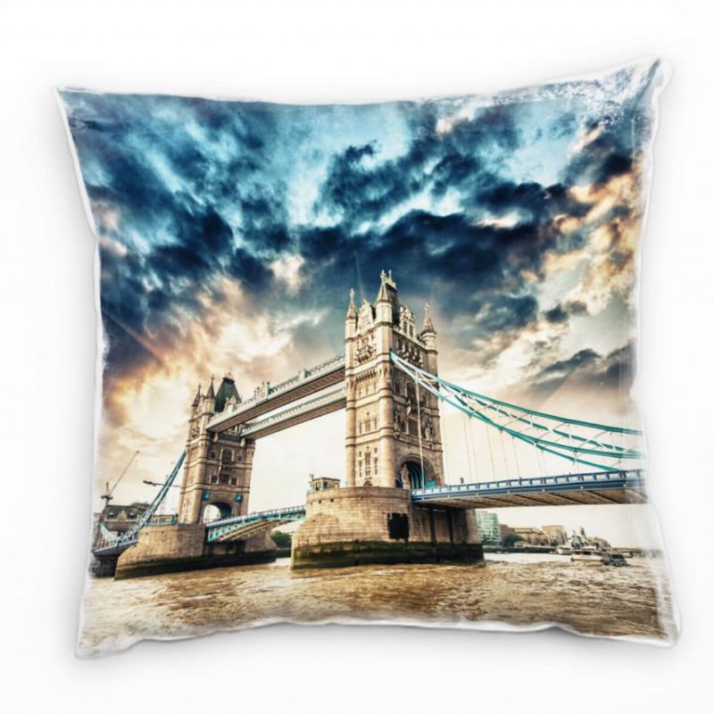 City, braun, blau, London, Tower Bridge Deko Kissen 40x40cm für Couch Sofa Lounge Zierkissen