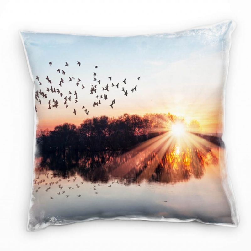 Seen, Sonnenuntergang, Vögel, blau, orange Deko Kissen 40x40cm für Couch Sofa Lounge Zierkissen