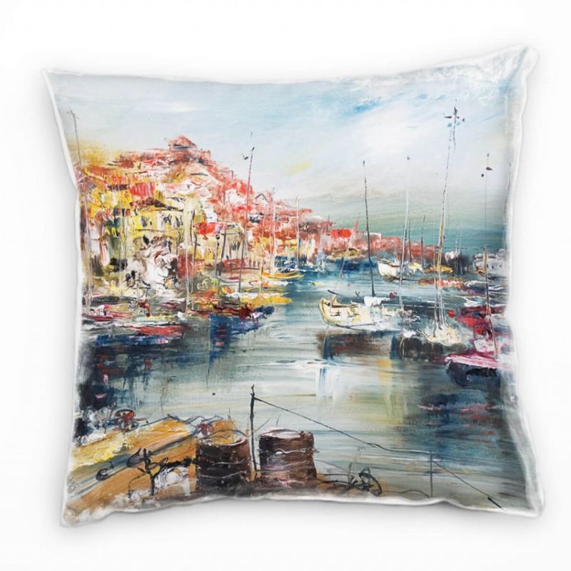 City, Hafen, Boote, gemalt, blau, rot Deko Kissen 40x40cm für Couch Sofa Lounge Zierkissen