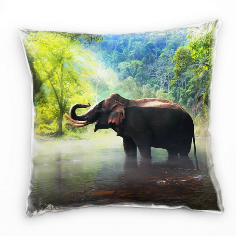 Tiere, Elefant, im Bach, Sonnenschein, grün, grau Deko Kissen 40x40cm für Couch Sofa Lounge Zierkiss