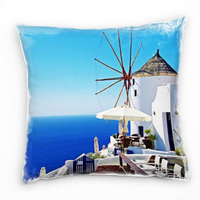 City, blau, weiß, Santorini, Windmühle, Griechenland Deko Kissen 40x40cm für Couch Sofa Lounge Zierk