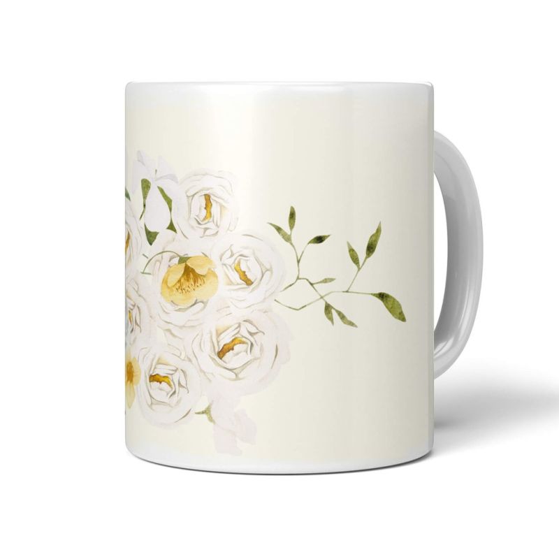 Tasse Porzellan Tier Motiv weiße Ente Blumen Blüten Wasserfarben