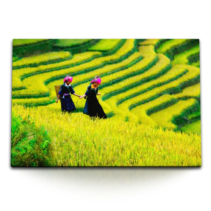 120x80cm Wandbild auf Leinwand Vietnam Reisfelder Bauernmädchen Grün Natur Ladeschaft