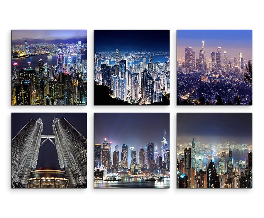 6 teiliges Leinwandbild je 30x30cm –  New York Brooklyn Bridge Skyline Nacht