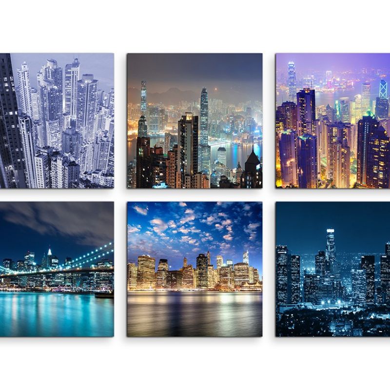 6 teiliges Leinwandbild je 30x30cm –  New York Brooklyn Bridge Skyline Nacht