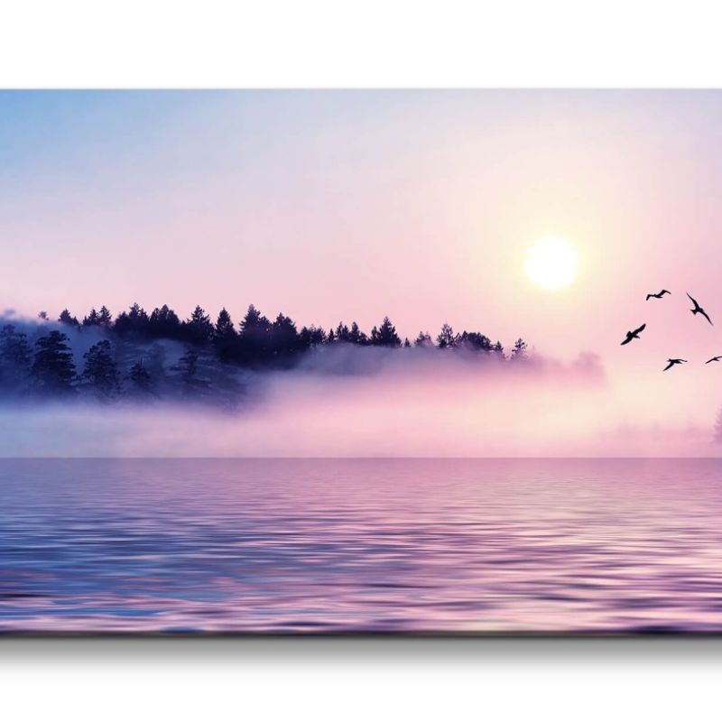 Leinwandbild 120x60cm See Nebel Sonnenaufgang Vögel Bäume Tannen Mystisch Schön