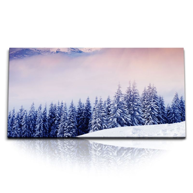 Kunstdruck Bilder 120x60cm Winterlandschaft Berge Tannenwald Tannen Schnee