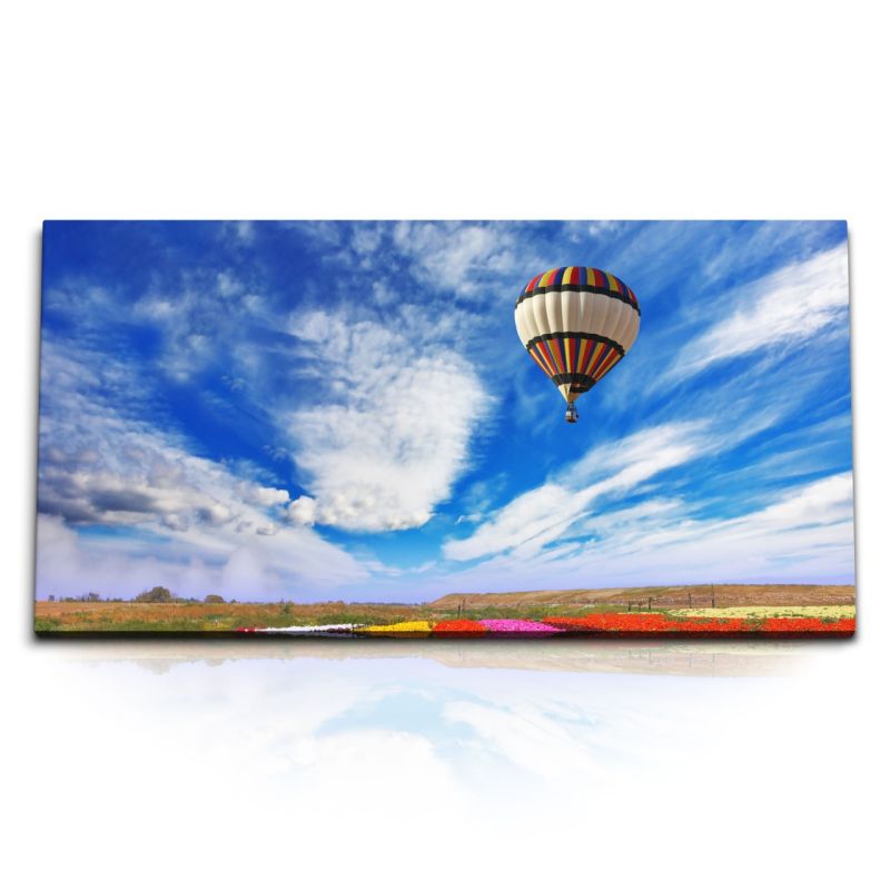 Kunstdruck Bilder 120x60cm Tulpenfeld Heißluftballon blauer Himmel Blumen