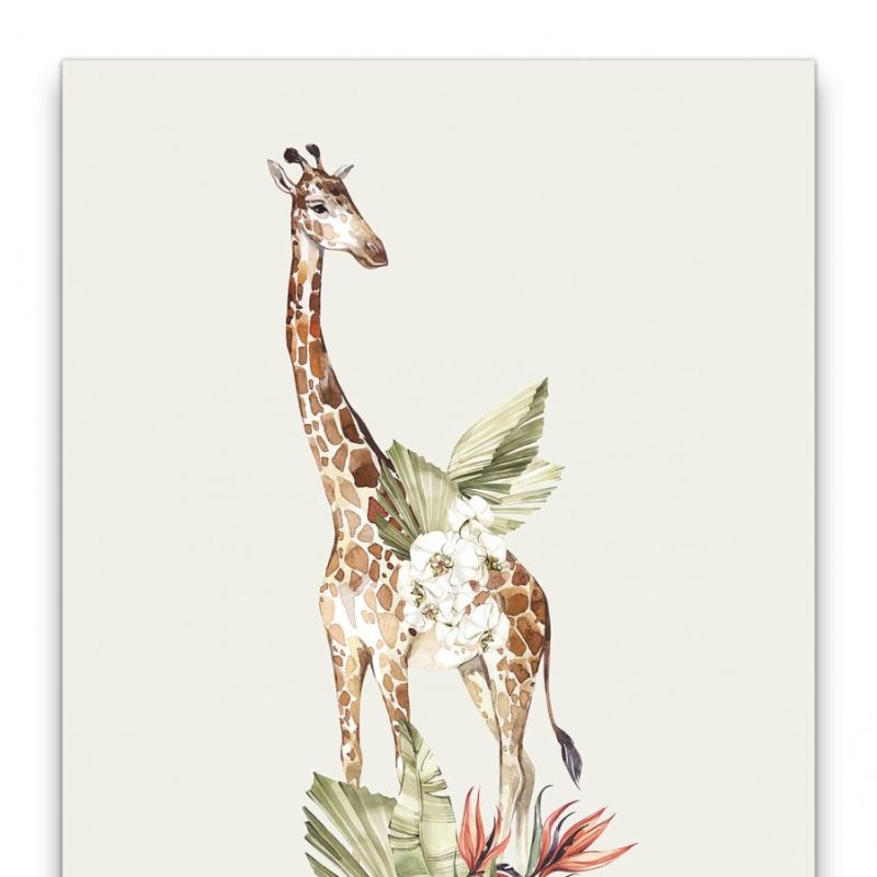 Giraffe Afrika Blumen Blätter Savanne Wasserfarben Kunstvoll