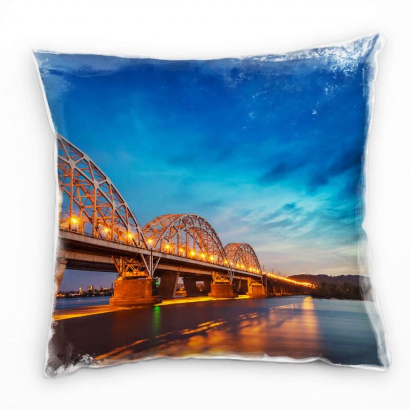 Brücke, Ukraine Kiev, Seen, orange, blau Deko Kissen 40x40cm für Couch Sofa Lounge Zierkissen