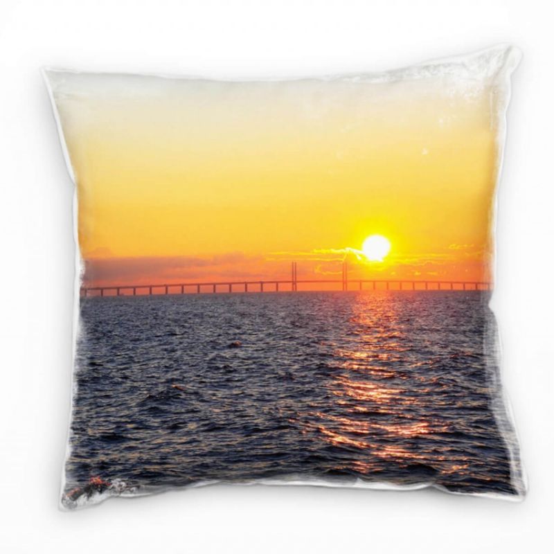 Meer, Sonnenuntergang, Brücke, Dänemark, orange Deko Kissen 40x40cm für Couch Sofa Lounge Zierkissen