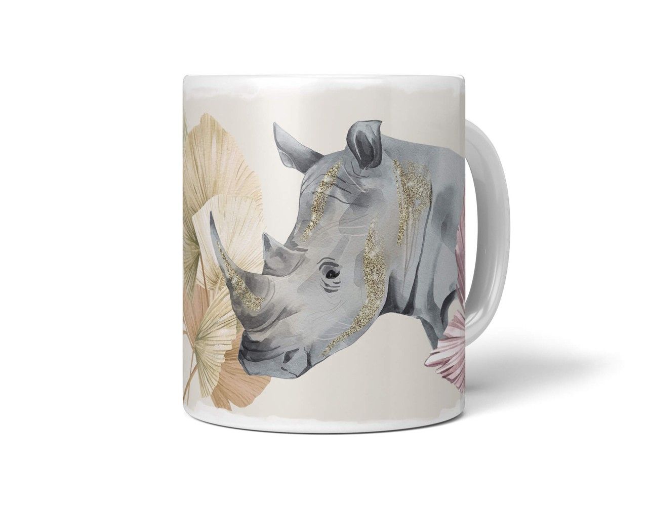 Tasse Porzellan Tier Motiv Nashorn Blumen Blüten Kunstvoll Dekorativ Pastelltöne