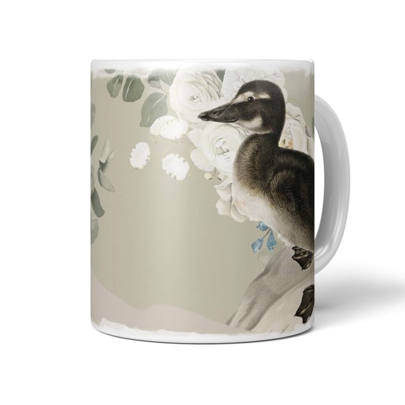 Dekorative Tasse mit schönem Vogel Motiv kleine Ente Blumen Blüten Flauschig Pastelltöne