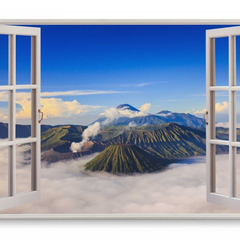 Wandbild 120x80cm Fensterbild Bromo Vulkan Indonesien Berge Wolken Natur