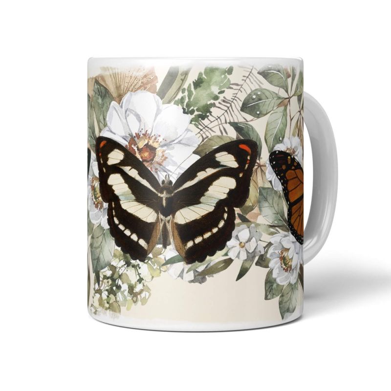 Dekorative Tasse mit schönem Motiv Schmetterlinge Blumen Blüten Sommer Frühling Vintage