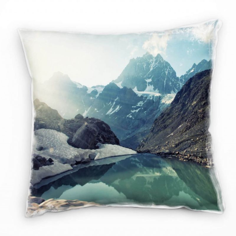 Seen, blau, braun, Bergsee, schneebedeckte Berge Deko Kissen 40x40cm für Couch Sofa Lounge Zierkisse