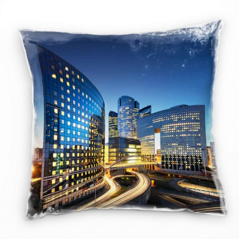 City, blau, gelb, Nacht, Lichtlinien, Hochhäuser Deko Kissen 40x40cm für Couch Sofa Lounge Zierkisse