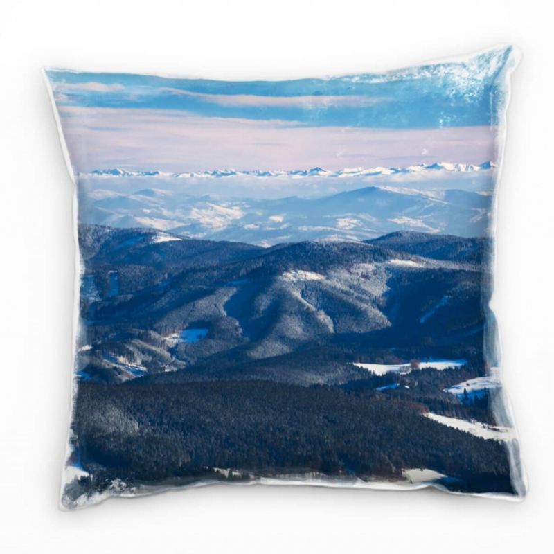 Winter, Berge, Wald, Schnee, grau, blau Deko Kissen 40x40cm für Couch Sofa Lounge Zierkissen