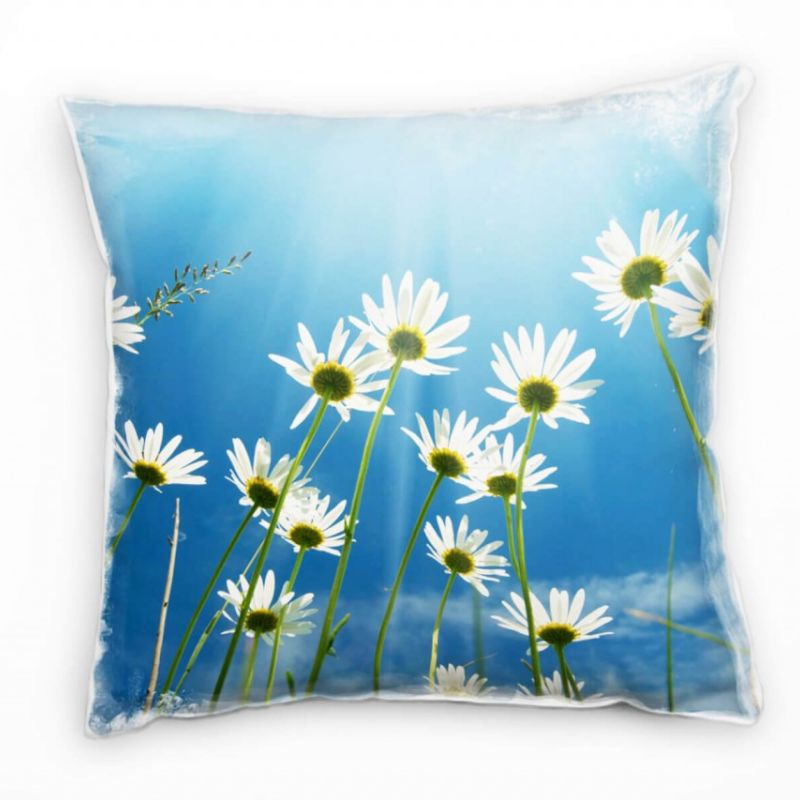 Blumen, blau, grün, weiß, Margeriten, Sonnenschein Deko Kissen 40x40cm für Couch Sofa Lounge Zierkis