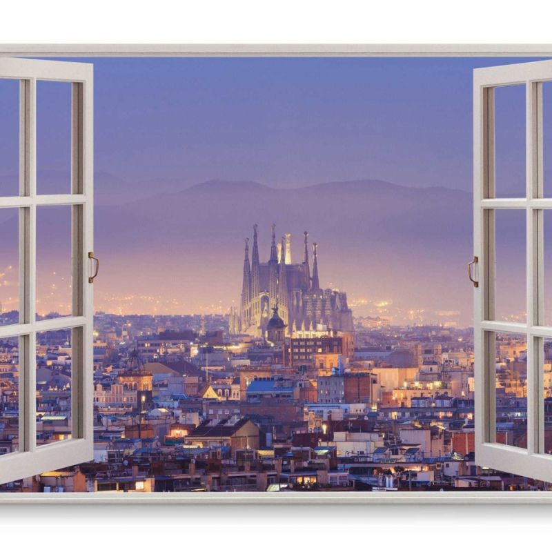 Wandbild 120x80cm Fensterbild Barcelona Spanien Kathedrale Abend Altstadt