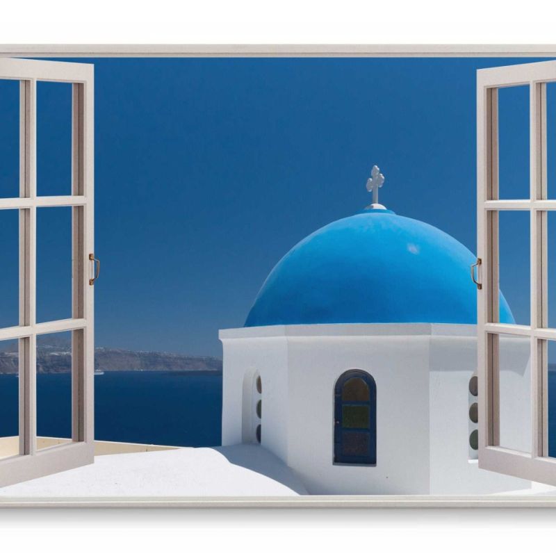 Wandbild 120x80cm Fensterbild Santorini Griechenland Meer Blau Sommer