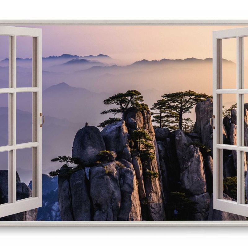 Wandbild 120x80cm Fensterbild Berge Felsen Nebel Natur Berglandschaft