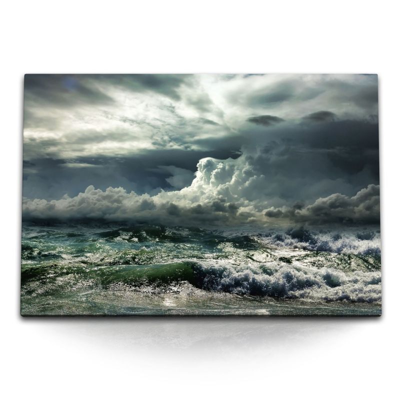 120x80cm Wandbild auf Leinwand Stürmische See Ozean Sturm Welle Grau Wolken