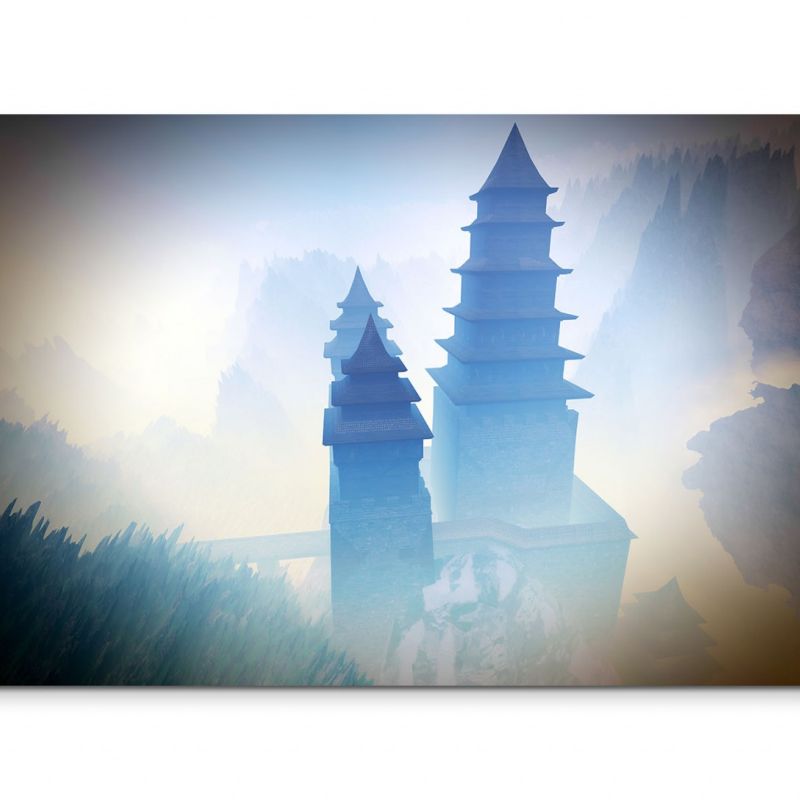 120x80cm Wandbild Buddhismus Tempel China Berge Nebel