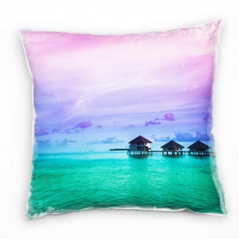 Strand und Meer, Häuser, grünes Wasser, lila, pink Deko Kissen 40x40cm für Couch Sofa Lounge Zierkis