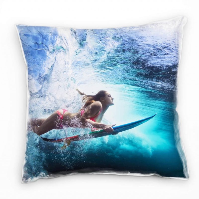 Meer,Surferin, Unterwasser, Welle, blau, pink Deko Kissen 40x40cm für Couch Sofa Lounge Zierkissen