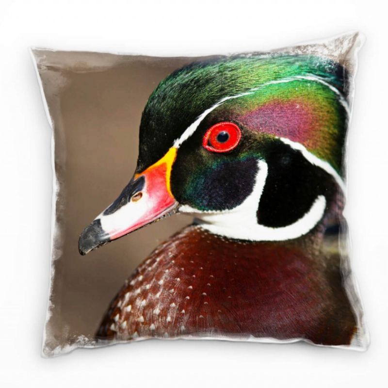 Tiere, Ente, Portrait, braun, grün, rot Deko Kissen 40x40cm für Couch Sofa Lounge Zierkissen