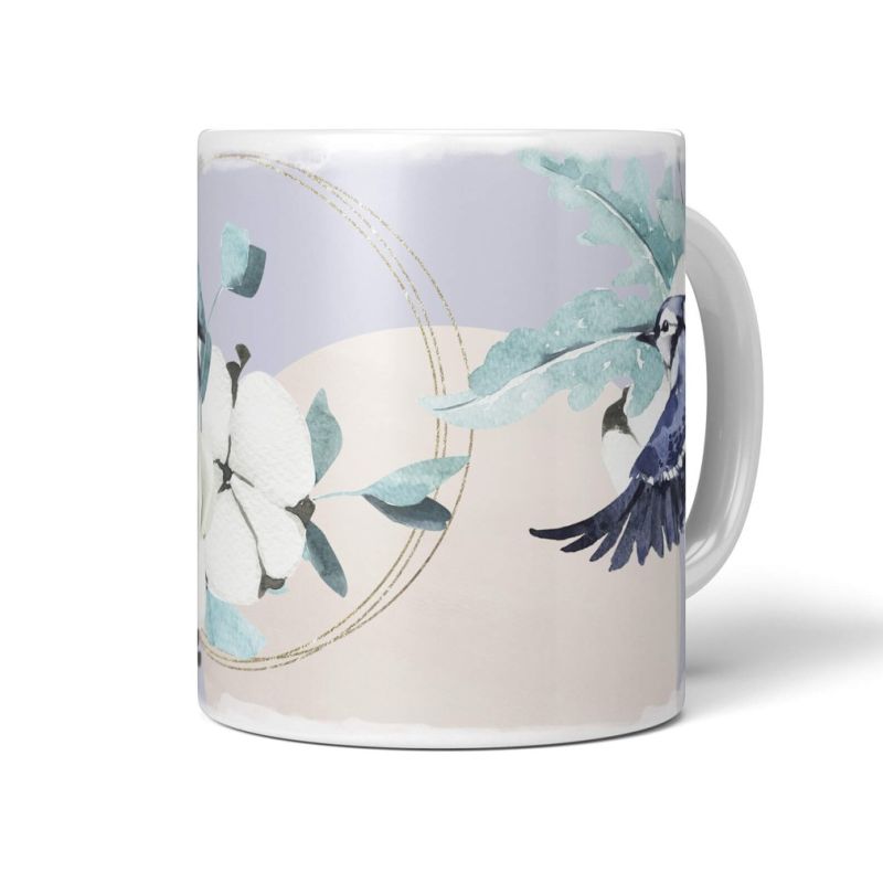 Dekorative Tasse mit schönem Vogel Motiv Sperlinge Blau Blumen Blüten Kunstvoll Einzigartig