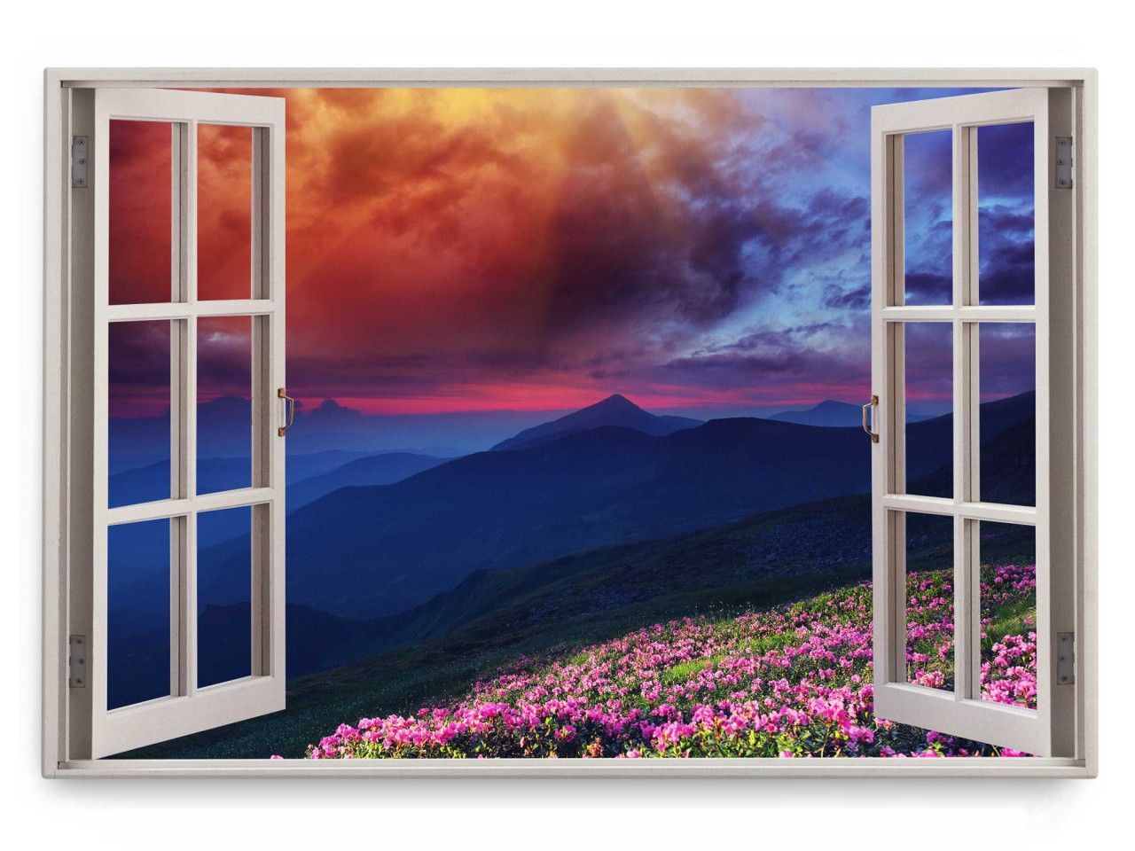 Wandbild 120x80cm Fensterbild Abenddämmerung Alpen Berge Sonnenuntergang Blumen