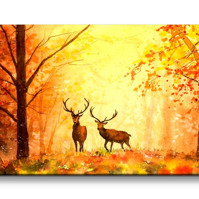 Leinwandbild 120x60cm Herbst Wald Hirsche Kunstvoll Malerisch Natur