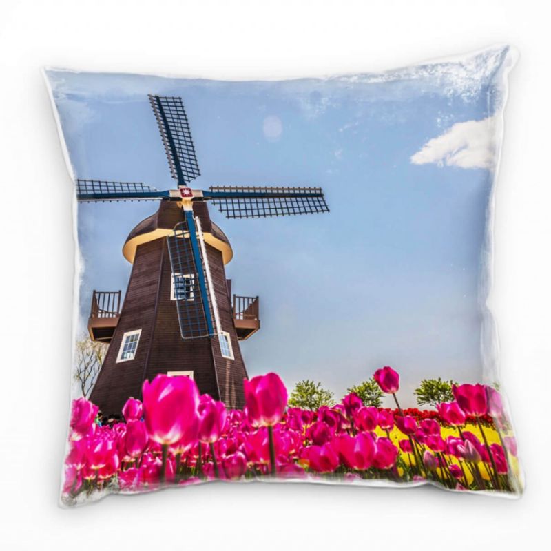 Blumen, pink, gelb, blau, braun, Tulpen, Windmühle Deko Kissen 40x40cm für Couch Sofa Lounge Zierkis