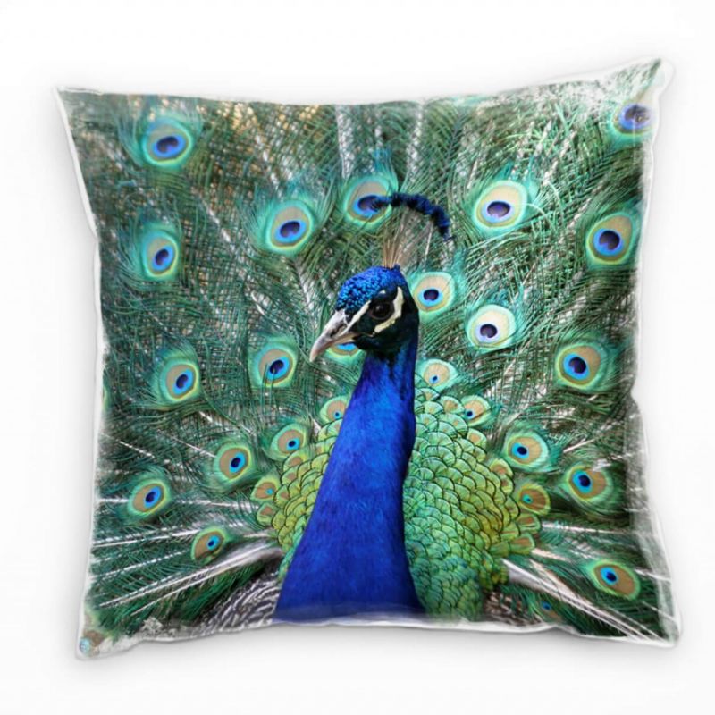 Tiere, Pfau, blau, grün, weiß, nah, braun Deko Kissen 40x40cm für Couch Sofa Lounge Zierkissen