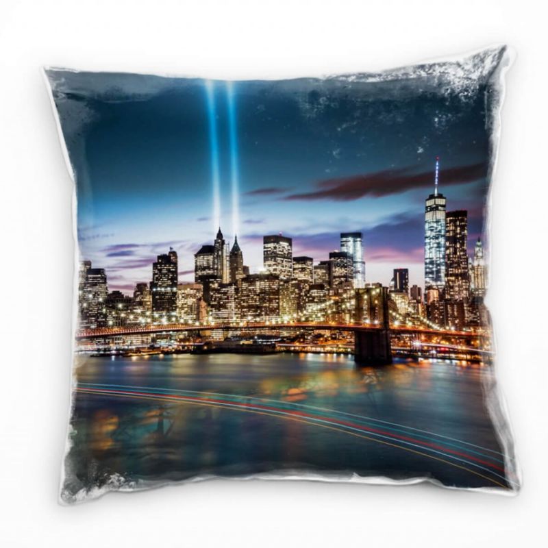 City, New York, Manhattan, Nacht, blau, orange Deko Kissen 40x40cm für Couch Sofa Lounge Zierkissen