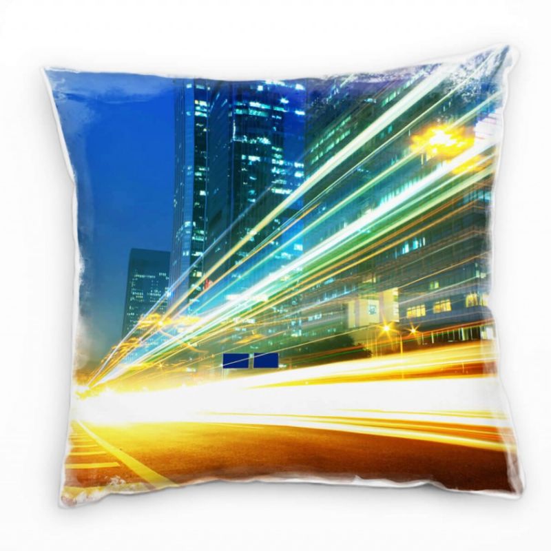 Urban und City, blau, orange, Lichtlinien, Bewegung Deko Kissen 40x40cm für Couch Sofa Lounge Zierki