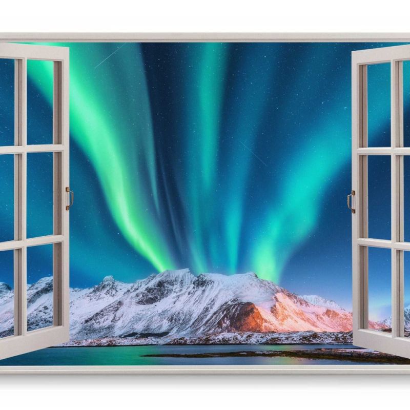 Wandbild 120x80cm Fensterbild Astrofotografie Polarlichter Berge Schneegipfel Nachthimmel