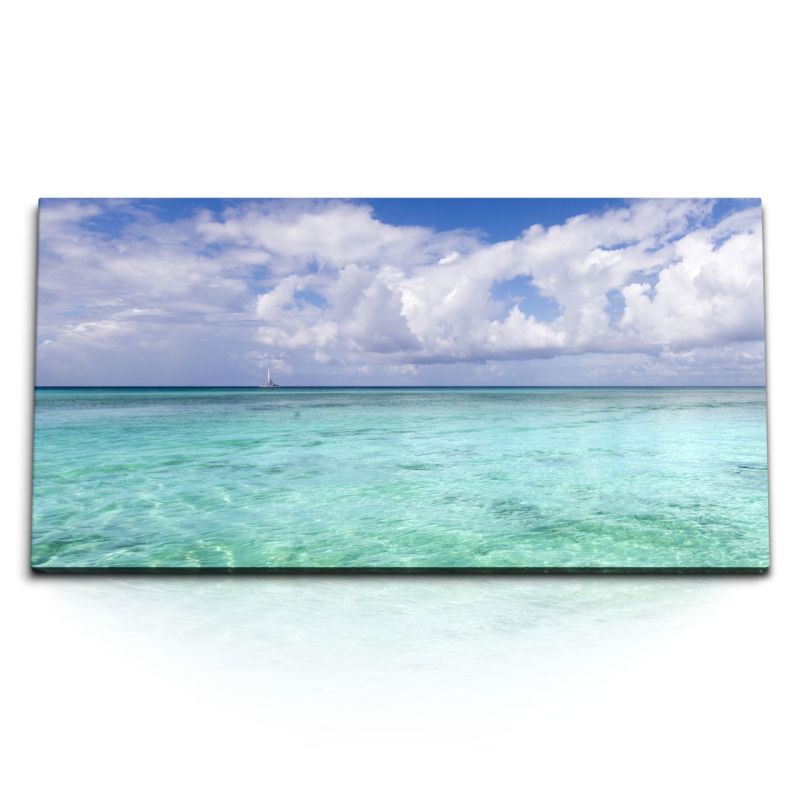 Kunstdruck Bilder 120x60cm Meer Türkis Horizont weiße Wolken Segelboot