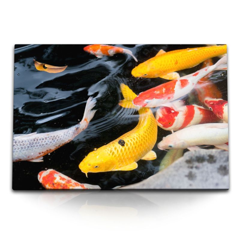 120x80cm Wandbild auf Leinwand Koi Fisch Koiteich Karpfen Farbenfroh Japan