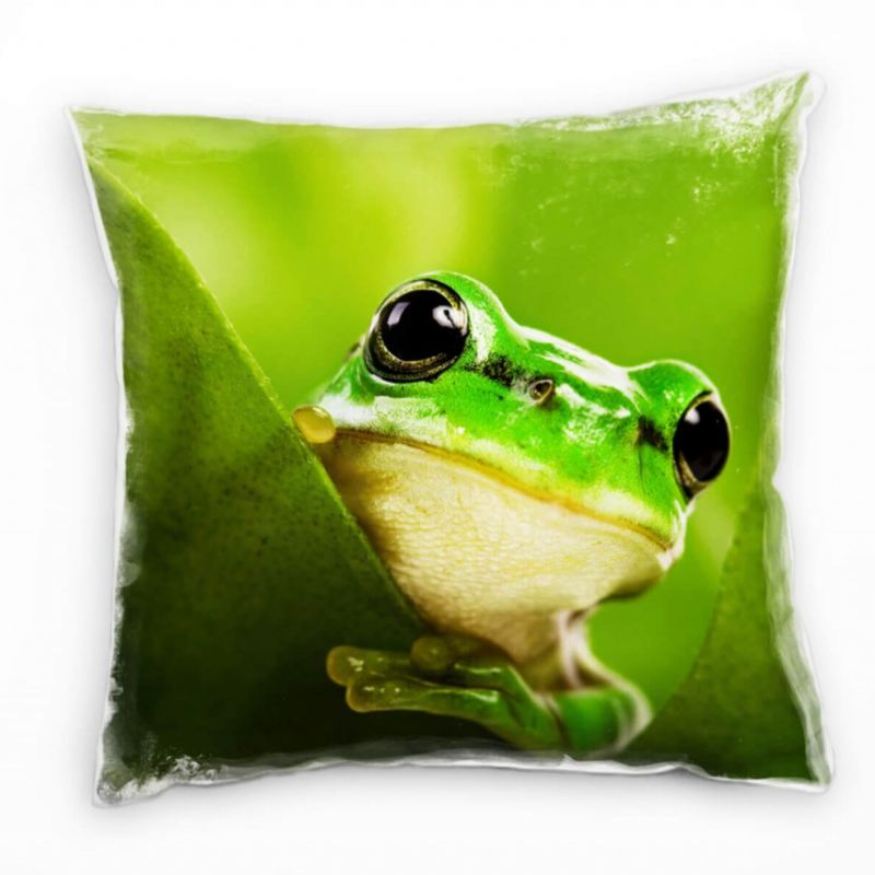 Tiere, Macro, grün, hinter Blättern versteckter Frosch Deko Kissen 40x40cm für Couch Sofa Lounge Zie