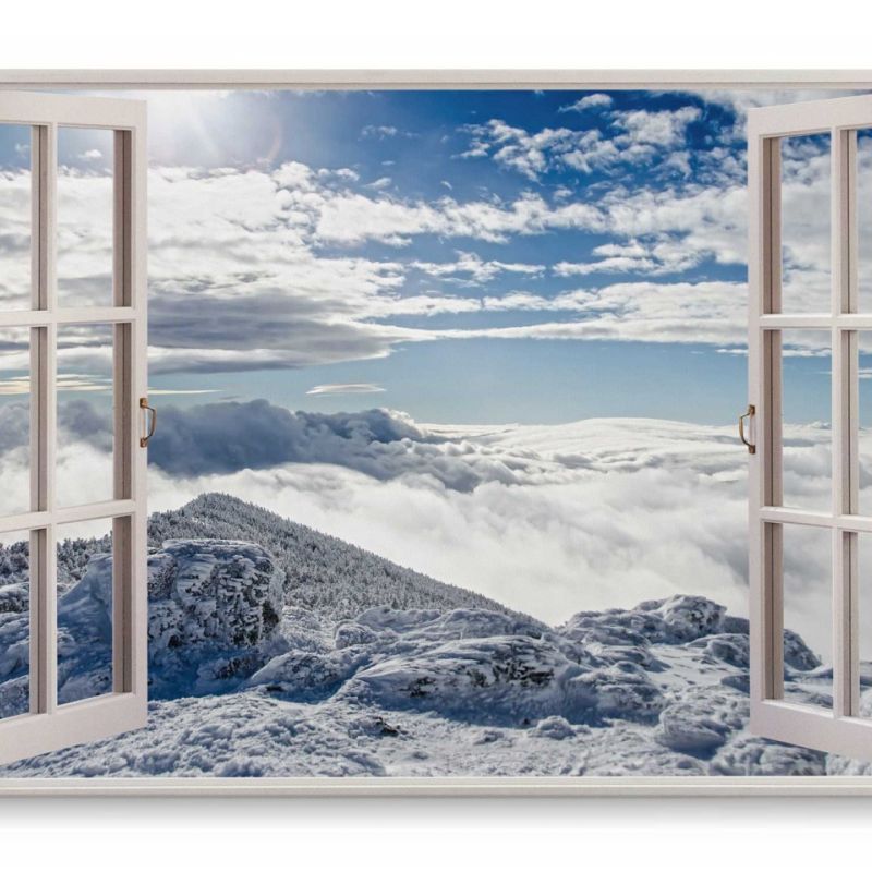 Wandbild 120x80cm Fensterbild Schnee Berge Winter Weiß Wolken Blau