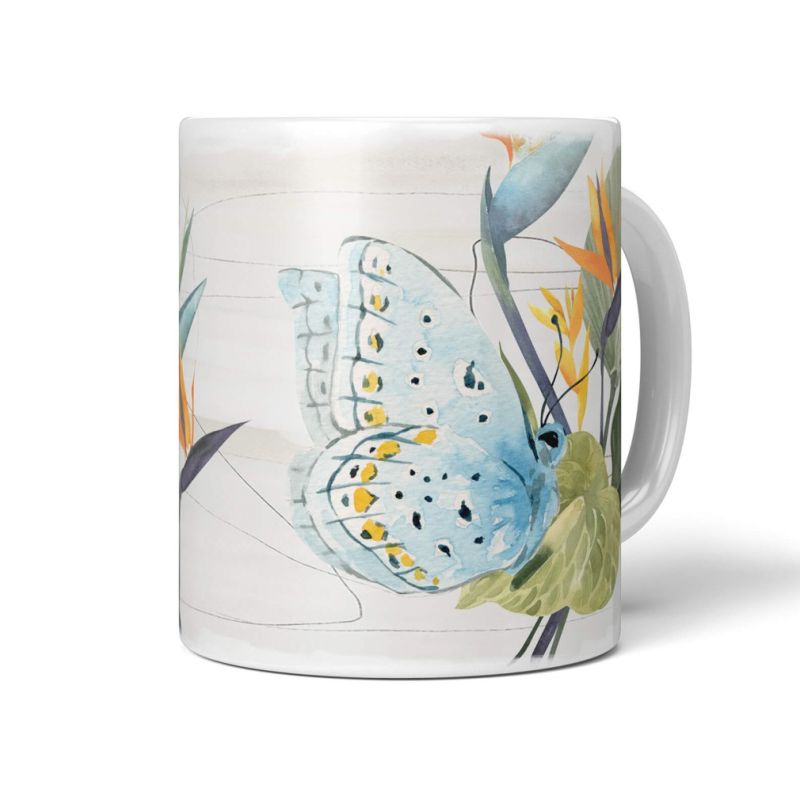 Dekorative Tasse mit schönem Motiv Schmetterling exotische Blumen Pflanzen Kunstvoll