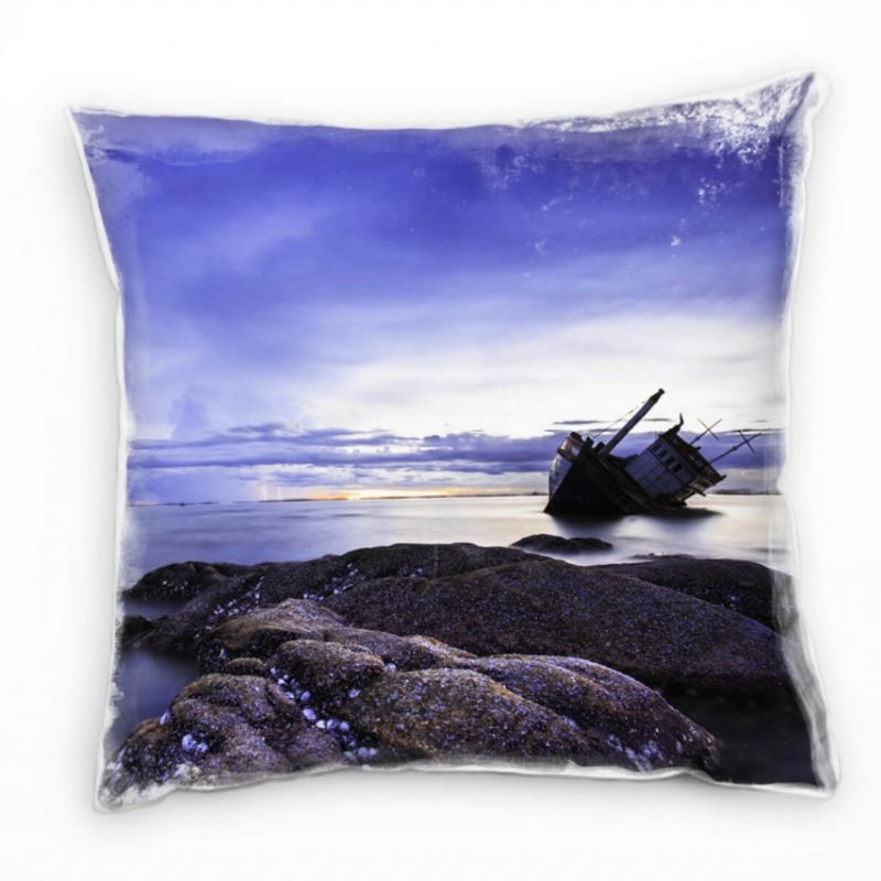 Strand und Meer, gestrandetes Frack, blau, grau Deko Kissen 40x40cm für Couch Sofa Lounge Zierkissen